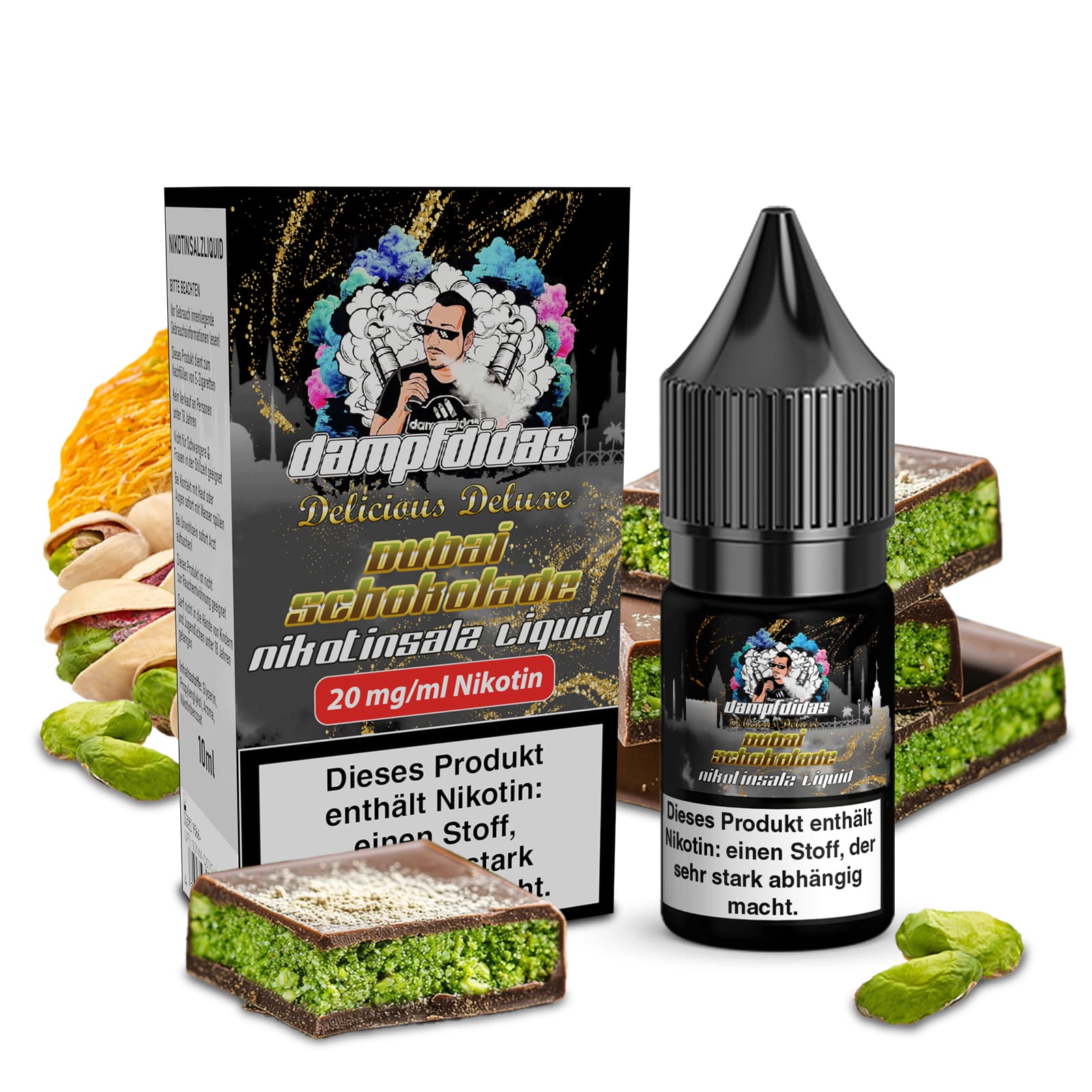 Dampfdidas Nikotinsalz - Dubai Schokolade - 10ml Liquid 20mg C Dampfdidas Nikotinsalz - Dubai Schokolade - 10ml Liquid 20mg C