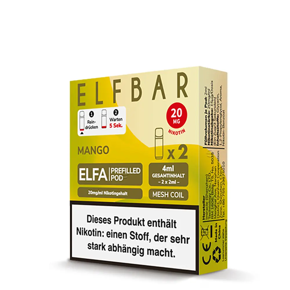 2x Elfbar Elfa Einweg Pod - Mango - 20mg Nikotinsalz 2ml  C 2x Elfbar Elfa Einweg Pod - Mango - 20mg Nikotinsalz 2ml  C