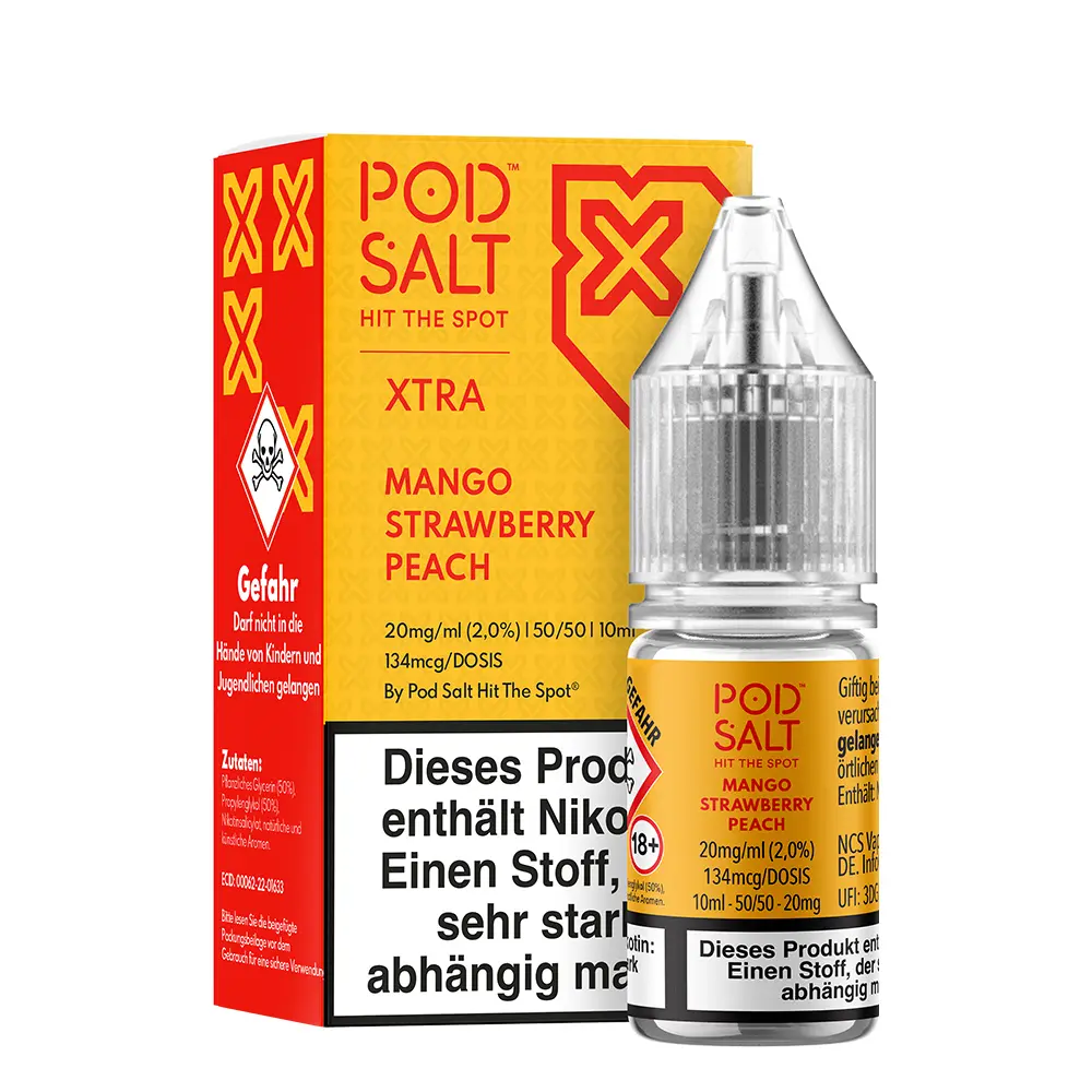 Pod Salt Xtra Nikotinsalz - Mango Strawberry Peach - Liquid 20mg 10ml  Pod Salt Xtra Nikotinsalz - Mango Strawberry Peach - Liquid 20mg 10ml